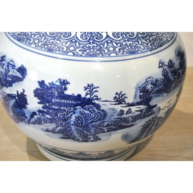 1930s Large Blue White Globular Vase Landscape Pavilions Apocryphal Six-Character Mark For Sale - Image 9 of 14