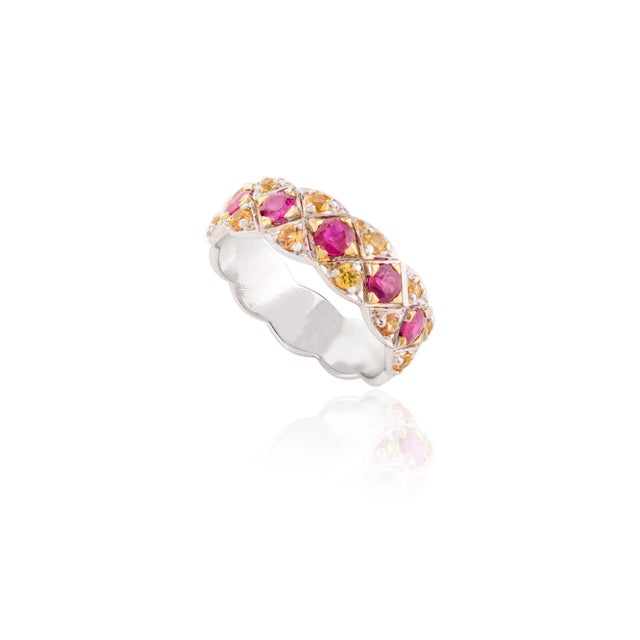 Art Deco 14k White Gold 1.15ct Ruby & Citrine Colorful Chunky Band Ring Size 7 For Sale - Image 3 of 13
