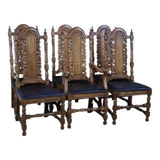 Henry Link 'Majorca' Spanish Style Carved Oak Dining Chairs With Leather Seat Upholstery - Set of 6 - Vintage Mid 20th Century For Sale