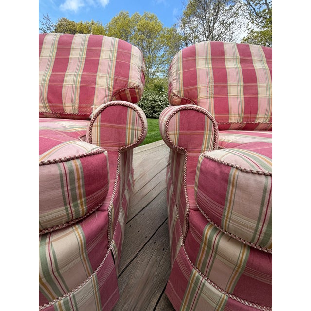 A Pair of Custom Pink Plaid Pleated Skirt Lounge Chairs With Rolled Arms For Sale - Image 18 of 18