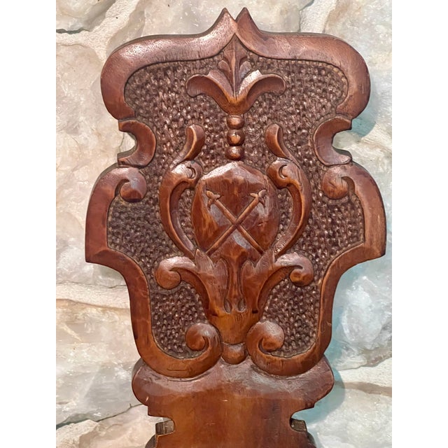 Mid 20th Century Mid 20th Century Spanish Renaissance Revival Carved Walnut Sgabello Hall Chair With Leather Seat For Sale - Image 5 of 11