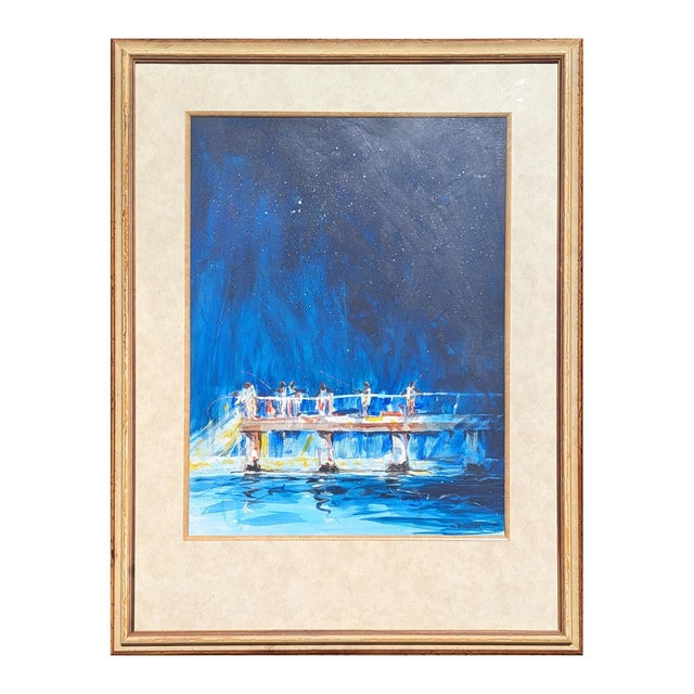 Charles Criner "Starry Night" Watercolor Impressionist Galveston Pier Landscape Painting, 2009 For Sale - Image 4 of 11