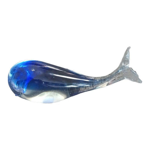 1980s Crystal Clear Art Glass Blue Sommerso Whale Figurine For Sale