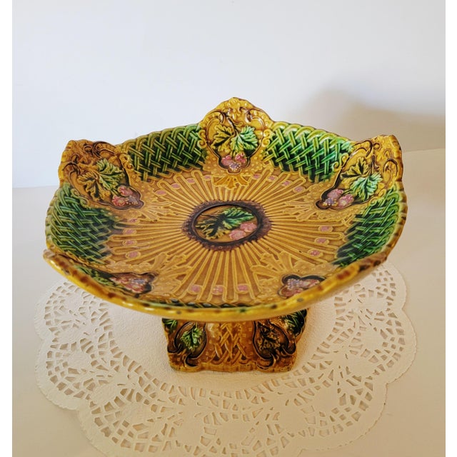 Antique Majolica Compote, 19th Century Serving Piece. Gorgeous gold design with green basket weave and pink flowers....