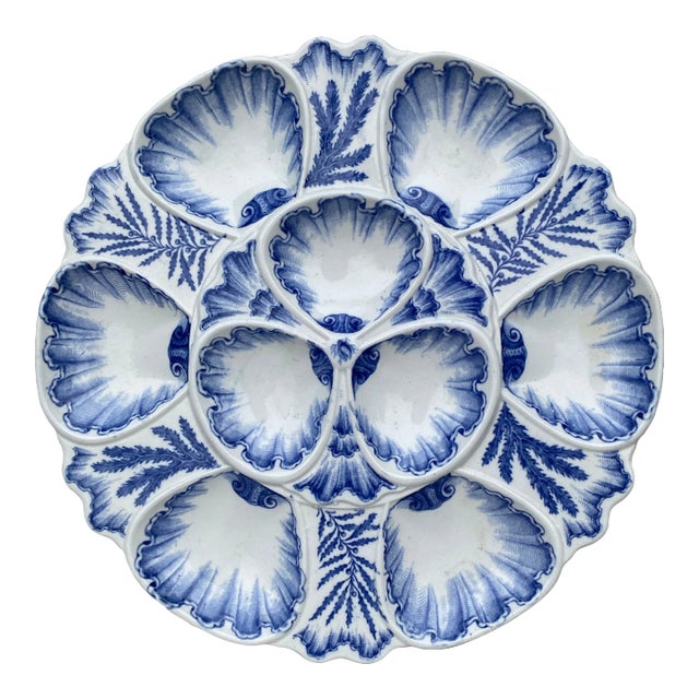 19th Century Blue & White Majolica Oyster Plate Vieillard Bordeaux For Sale