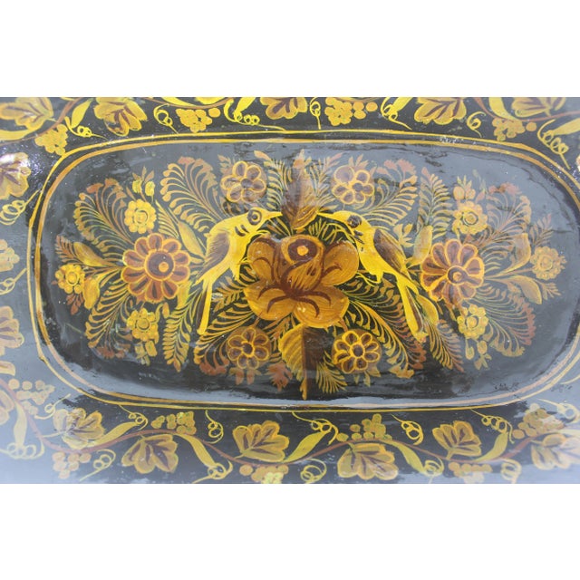 Vintage Kashmir Lacquered Wood Bowl Handmade Hand Painted Floral Leaf Bird Black Brown Yellow For Sale - Image 11 of 11