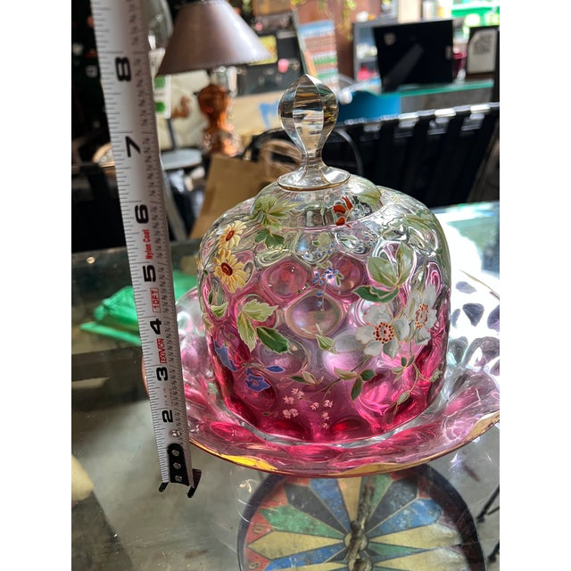 Glass 1970s Beautiful Pink Glass Cake Cover and Plate With Floral Accents For Sale - Image 7 of 9