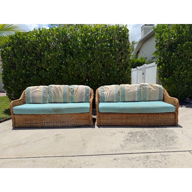 Vintage 72” Handwoven Rattan Sofas With Large Braid Trim, Pair For Sale - Image 14 of 17