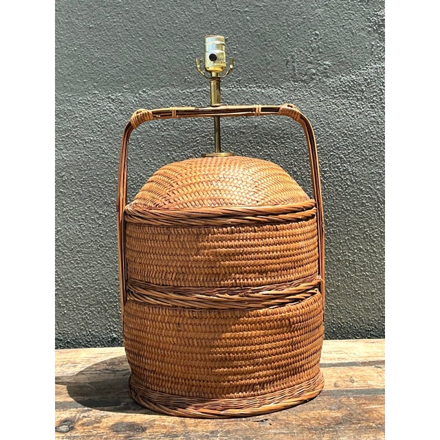 Vintage Woven Rattan Basket Lamp For Sale - Image 10 of 12
