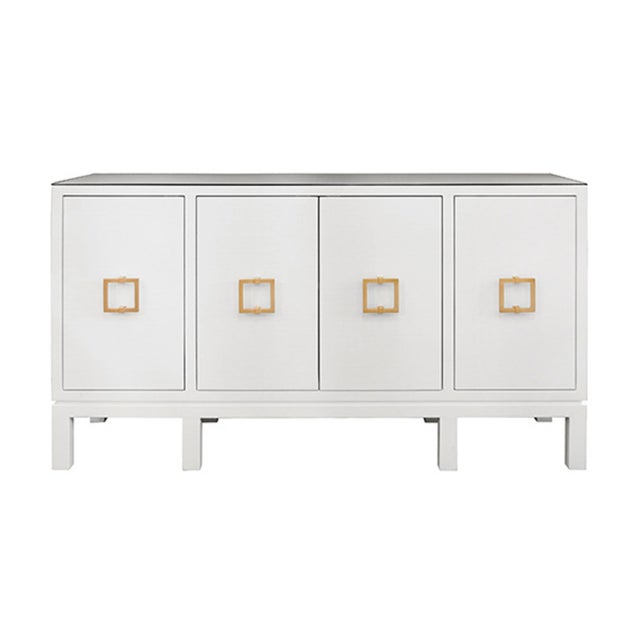 Matthew Izzo Home Effie White Linen Four Door Buffet With Square Brass Handles and Glass Top For Sale - Image 9 of 9