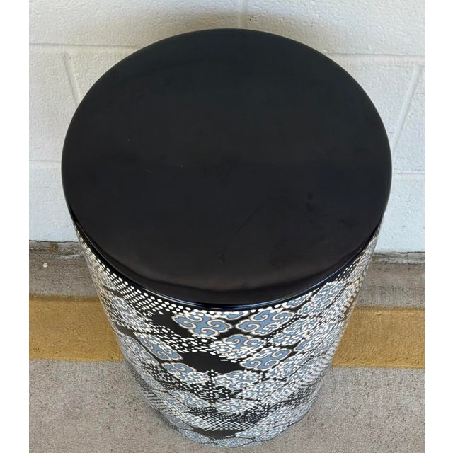 Moroccan Port 68 Modern Moroccan Navy Blue and White Ceramic Round Hill Garden Stool For Sale - Image 3 of 4