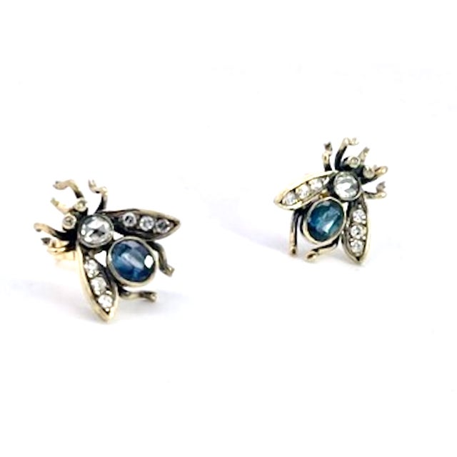 Gemstone Antique Gold and Silver Bee Earrings With Sapphires and Diamonds, Pair For Sale - Image 7 of 13
