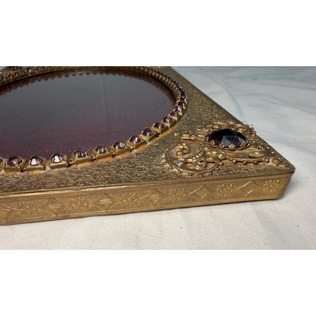 Antique Ornate Purple Jeweled Bronze Ornate Picture Frame Oval Open Rectangle For Sale - Image 4 of 8