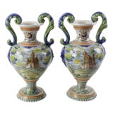 Antique Italian Majolica Italian Blue and Green Two Handled Urns - A Pair For Sale