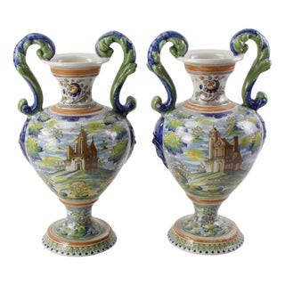 Antique Italian Majolica Italian Blue and Green Two Handled Urns - A Pair For Sale