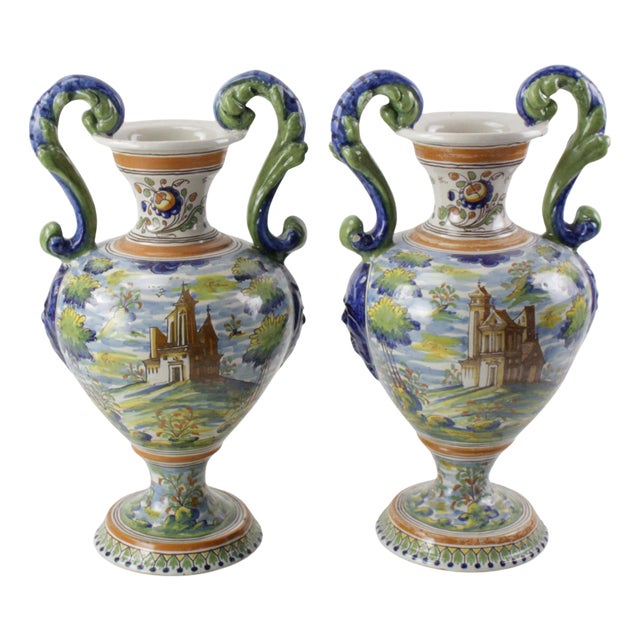 Antique Italian Majolica Italian Blue and Green Two Handled Urns - A Pair For Sale