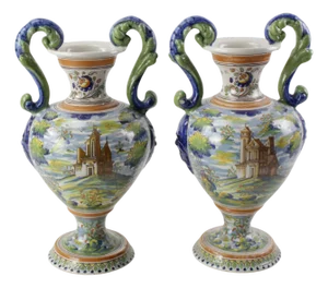 Antique Italian Majolica Italian Blue and Green Two Handled Urns - A Pair