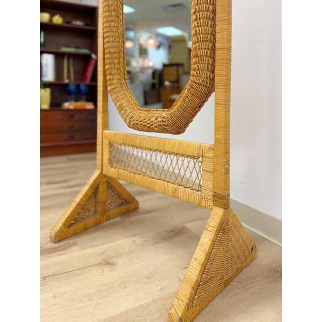 Beige Vintage Coastal Hexagon Wicker Floor Mirror, Rattan Standing Full Length Mirror For Sale - Image 8 of 9