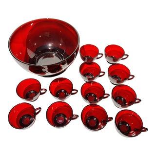 Vintage MCM Anchor Hocking Royal Ruby Red Punch Bowl and Cups - Set of 12 Cups For Sale
