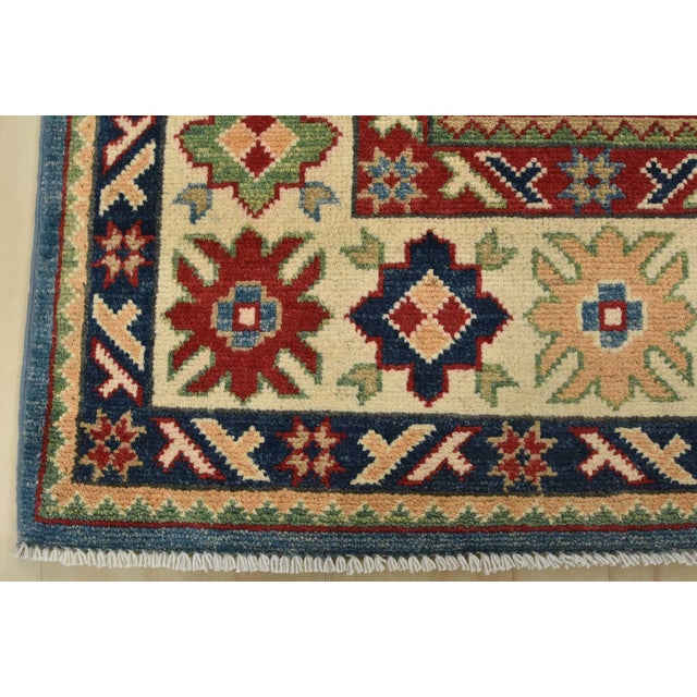 Kazak Rug 5′ X 6’8” Blue Wool Tribal Hand-Knotted Oriental Carpet For Sale - Image 10 of 12
