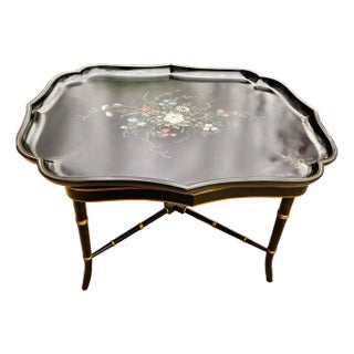 Antique Hand Painted Signed English Hand Painted Tole Tray Top Coffee Table For Sale