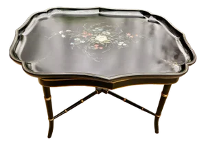 Antique Hand Painted Signed English Hand Painted Tole Tray Top Coffee Table