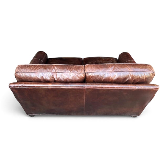Restoration Hardware Brown Leather Two-Cushion Sofa With Rolled Arms and Bun Feet For Sale - Image 10 of 14