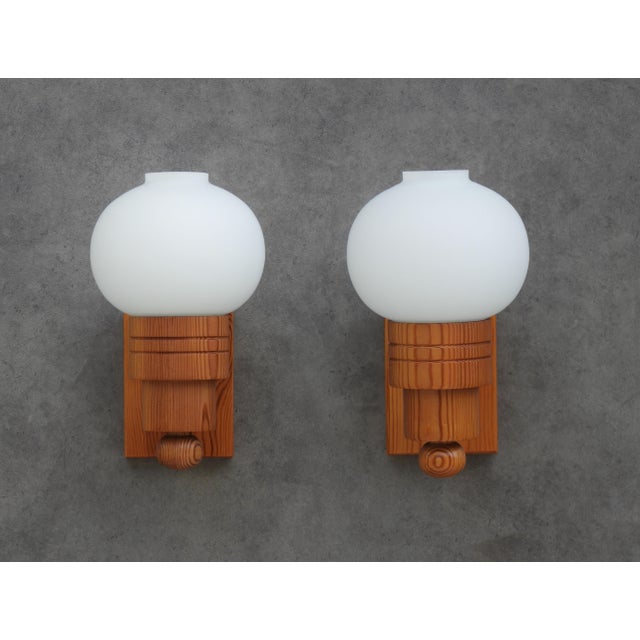 Swedish Modern Pine and Opaline Glass Wall Sconces from Aneta, 1970s, Set of 2 For Sale - Image 3 of 10