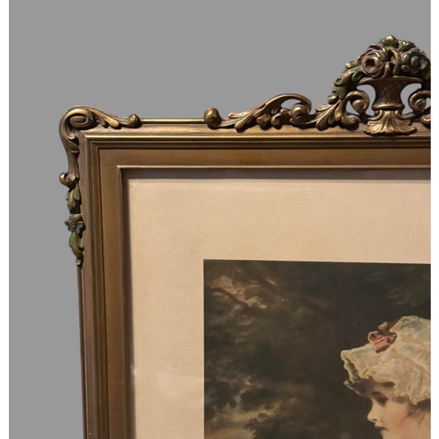 Antique Victorian Gilt Framed Lithograph Print Simplicity The Flower Girl Print by Reynolds as titled in pencil beneath...