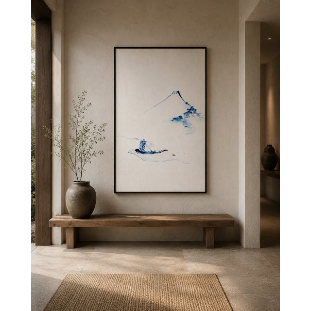 Blue Hokusai's Mount Fuji and Boat, Vintage Japanese Art Print, 40" X 60" For Sale - Image 8 of 10