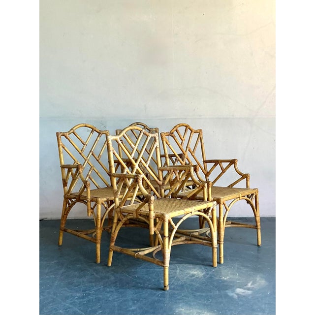 Camel Vintage Boho Chinese Chippendale Bamboo Dining Arm Chairs - Set of 4 For Sale - Image 8 of 8