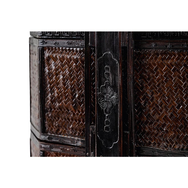Antique 2 Two Tiered Chinese Wedding Basket in Dark Wood & Bamboo Rattan For Sale - Image 11 of 12