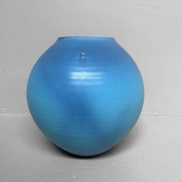Sky-Blue Kōchi Glaze Ikebana Vase, 1980s For Sale - Image 13 of 13