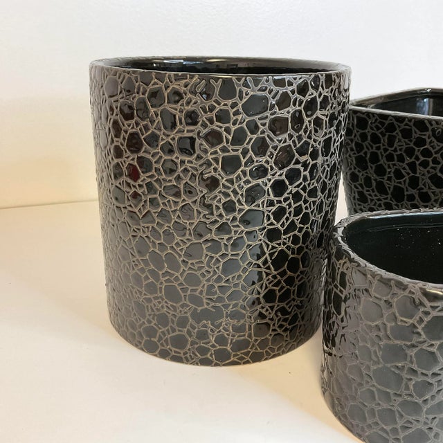 Vintage Boho Chic Contemporary Modern Faux Croc Embossed Ceramic Planters - Set of 3 For Sale - Image 6 of 10