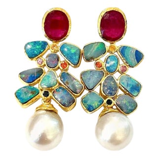 Bochic "Orient" Vintage Ruby, Opal & Multi Color Sapphires Earrings 18K Gold &Silver For Sale