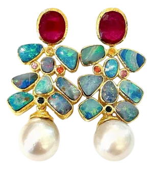 Bochic "Orient" Vintage Ruby, Opal & Multi Color Sapphires Earrings 18K Gold &Silver