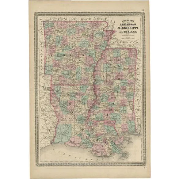Antique Map of Arkansas, Mississippi and Louisiana by Johnson, 1872 For Sale