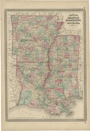 Antique Map of Arkansas, Mississippi and Louisiana by Johnson, 1872