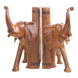 Vintage Hand-Carved Wood Elephant Bookends- a Pair For Sale