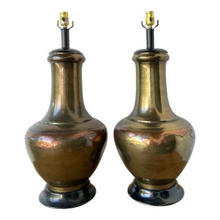 Vintage Boho Monumental Brass and Copper Lamps - A Pair For Sale