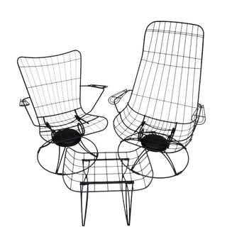 Mid-Century Homecrest Metal Wire Patio Chairs & Ottoman || Indoor/Outdoor High Back Swivel Rocker Lounger Footstool Original Cushions Included For Sale