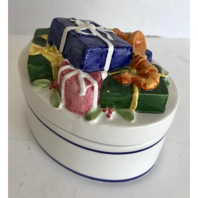 Late 20th Century Italian Porcelain Lidded Box With Wrapped Presents Detail For Sale - Image 4 of 9