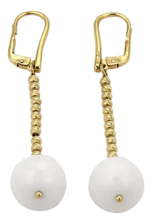 White Agate Faceted Bead 18k Yellow Gold Long Dangle Earrings - 2 Pieces