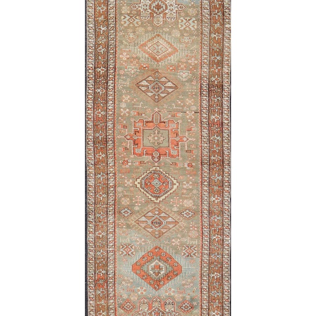 Antique Persian Long Serapi Runner With Multi Medallions in Green, Blue, Orange For Sale - Image 4 of 14