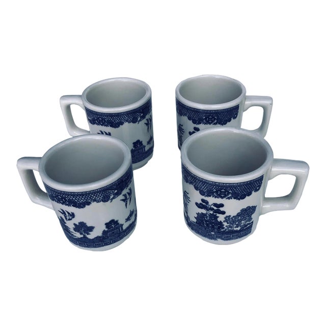 Vintage Buffalo China Blue Willow Coffee / Tea Mugs S-4 For Sale