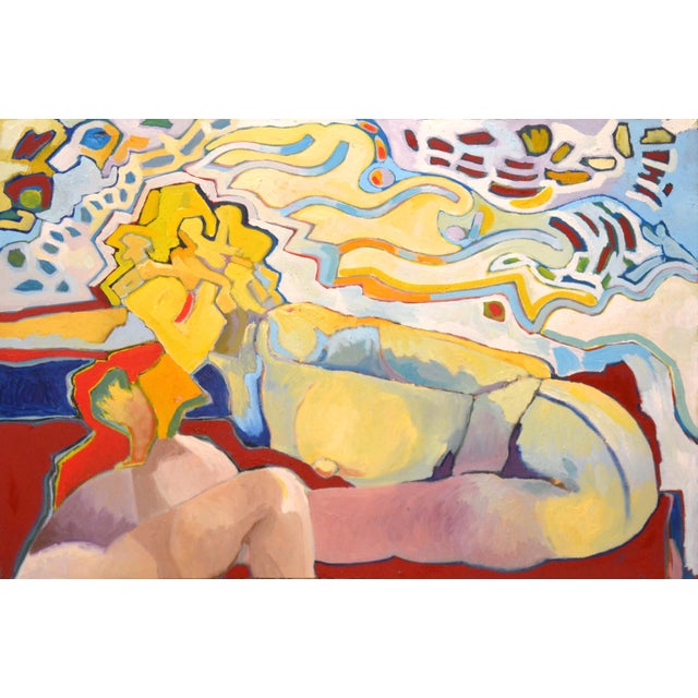 Leaning Forward, Contemporary Figurative Abstract with Primary Colors A bold and bright color palette is used to depict...