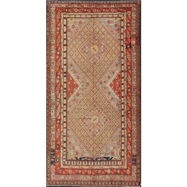 1920s Large Antique Khotan Gallery Rug With Layered Diamond Design in Yellow, Orange, Brown & Gray For Sale - Image 5 of 5