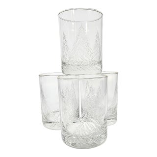 Late 20th Century Gold Rimmed Icy Christmas Pine Vintage Double Old Fashioned Glasses- Set of Four For Sale