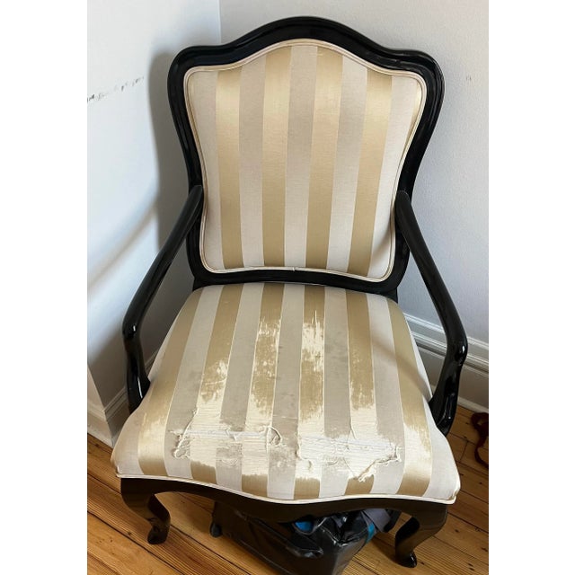 Vintage J. Robert Scott upholstered arm chairs with silk striped satin. Chairs are charming and a good size for most...