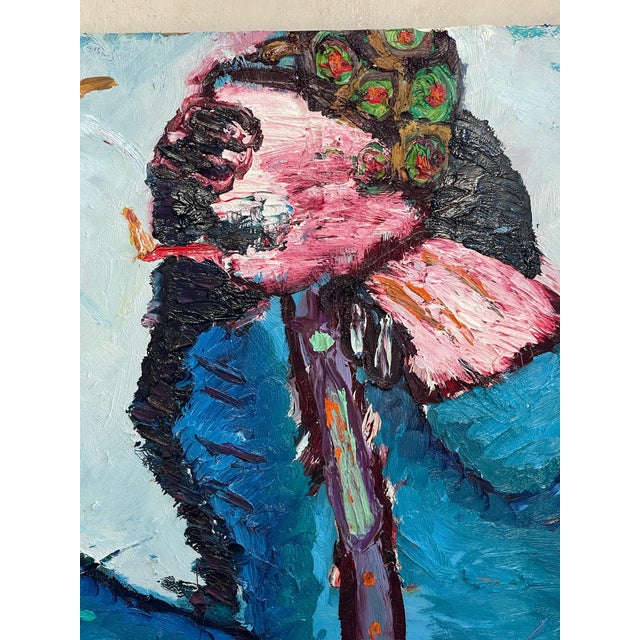 20th century original signed oil painting on board of two abstracted figures. The artist used a heavy thick paint...